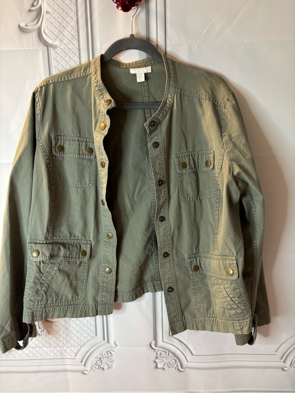 Charter Club Olive Green Utility Button-Front Jacket 100% Cotton, Petite Large